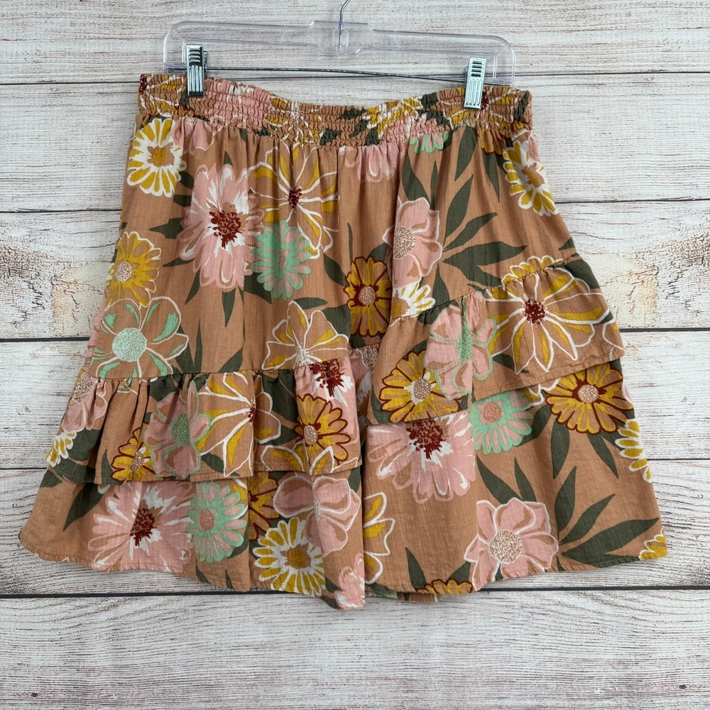 Roxy Mini Skirt Women XL Pink Floral Tiered Ruffle Smocked Waist Boho